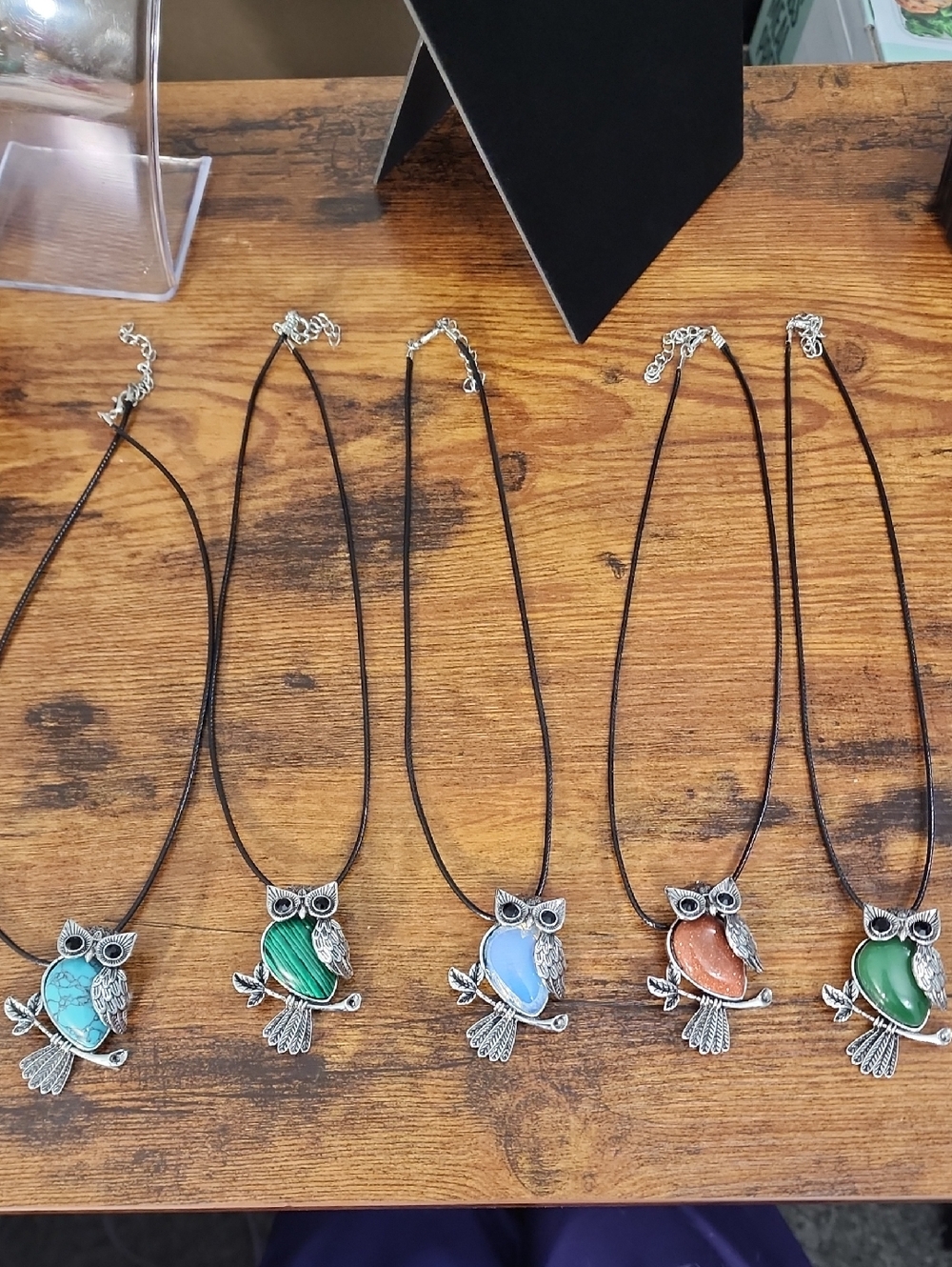 Silver Owl Pendant Necklace with Green, Blue, Turquoise, and Orange Stones
